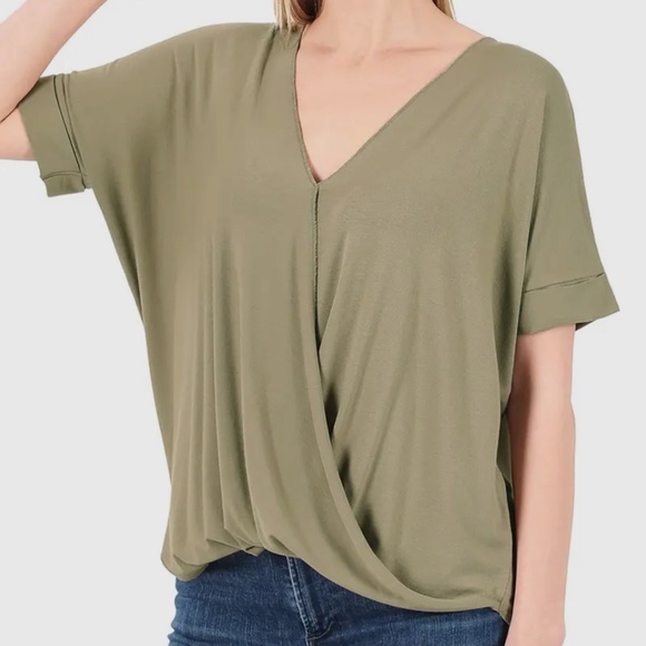 Tops - Crepe Layered Look Drape Front Blouse Khaki